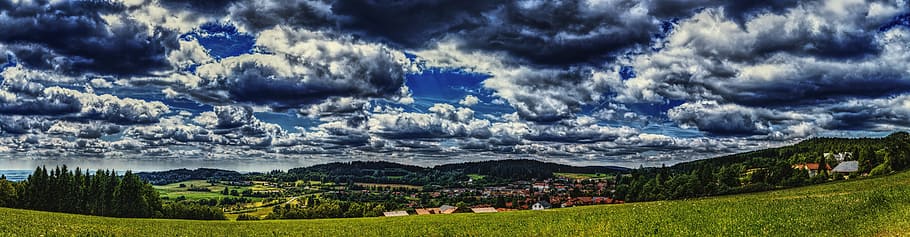 green grass under black sky, Panorama, Bavarian Forest, Sankt Englmar HD wallpaper