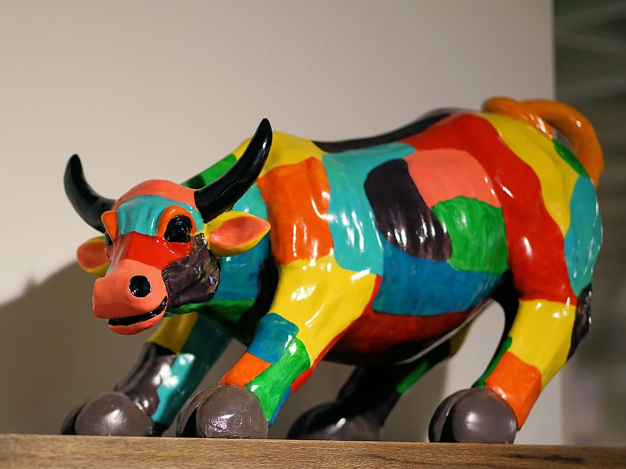 multicolored ceramic cow figurine, bull, interior design, setup HD wallpaper