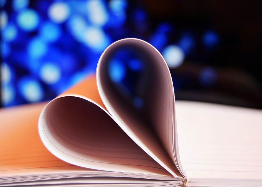 white and orange book, heart, blue, shape, love, valentine HD wallpaper