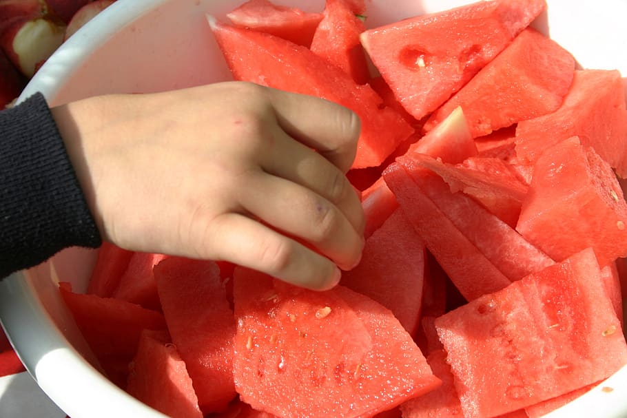 watermelon, healthy, fruit, red, ripe, sweet, food, human hand HD wallpaper