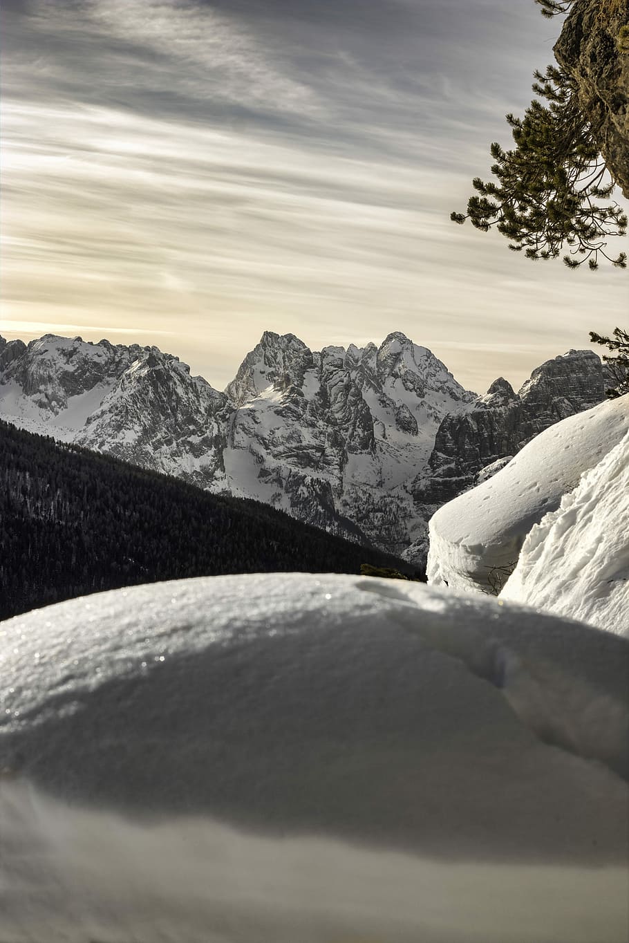 snow mountain, dark clouds over alp mountain, mountain range HD wallpaper