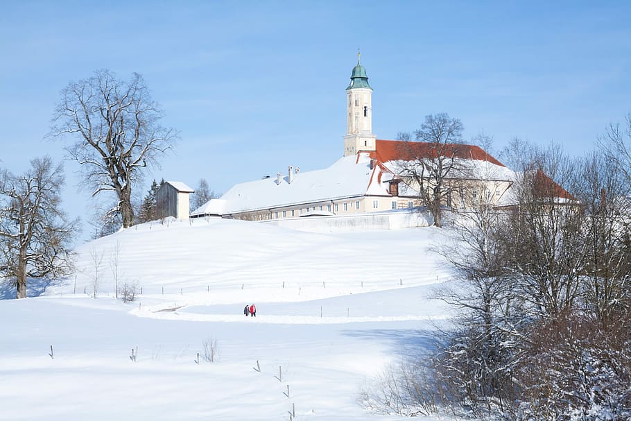 Monastery, Church, Baroque, Trees, Sky, blue, snow, white, sunny HD wallpaper