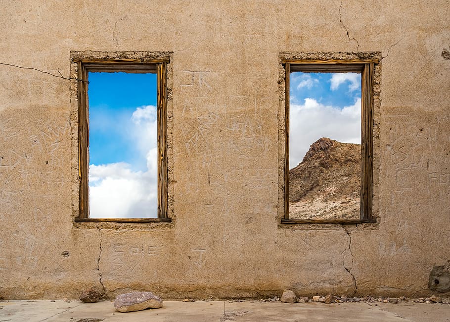 photo of brown concrete wall, beige wall, window, building, two HD wallpaper