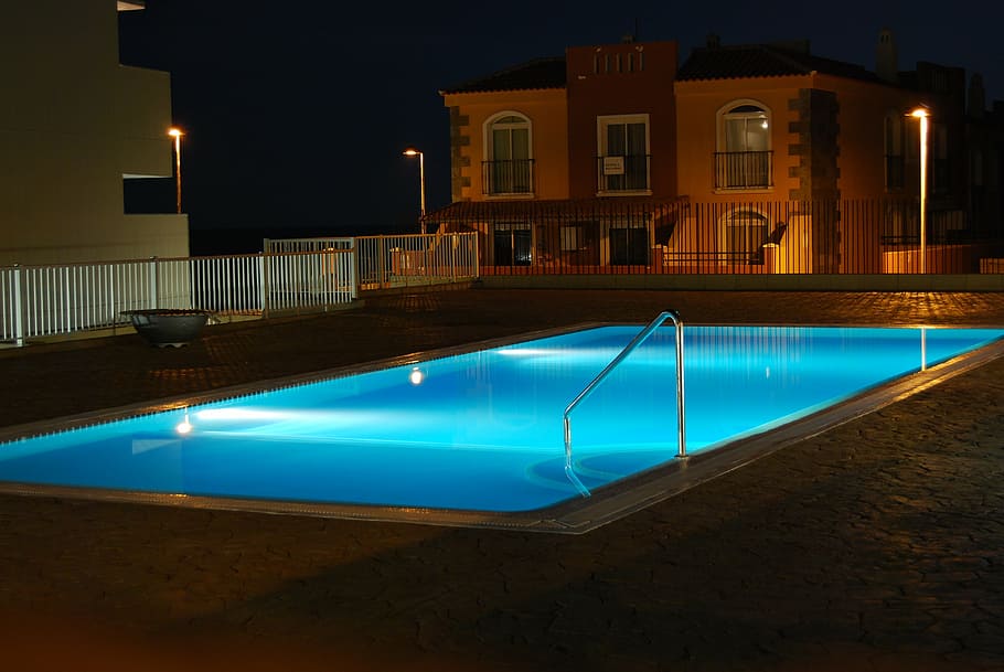 lighted swimming pool during nighttime, weekend, relax, blue HD wallpaper