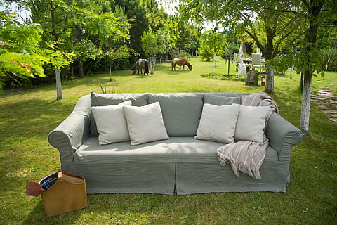 gray fabric sofa and four white throw pillows, Armchair, Grass HD wallpaper