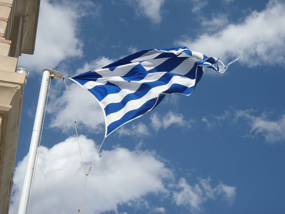 raised blue and white flag, wind, greece, sky, cloud - sky HD wallpaper