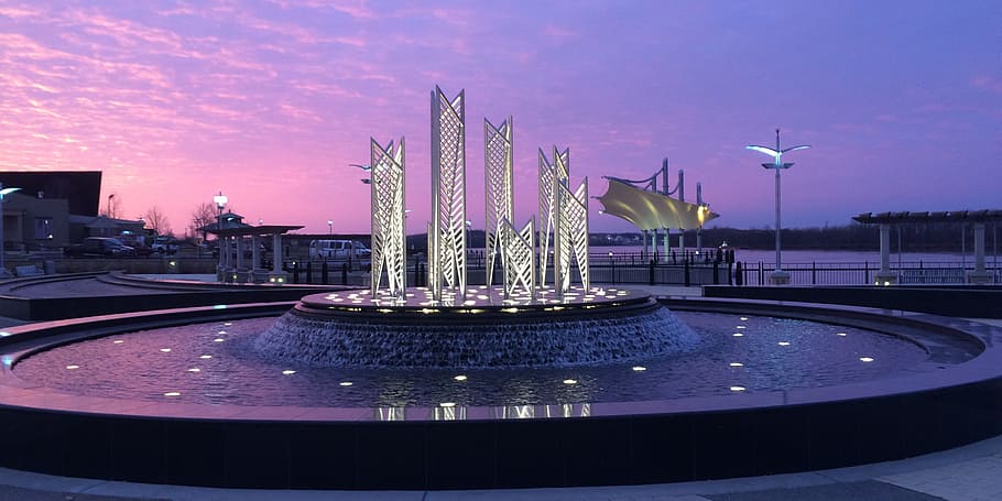 fountain, sunset, river, city, water, architecture, building exterior HD wallpaper
