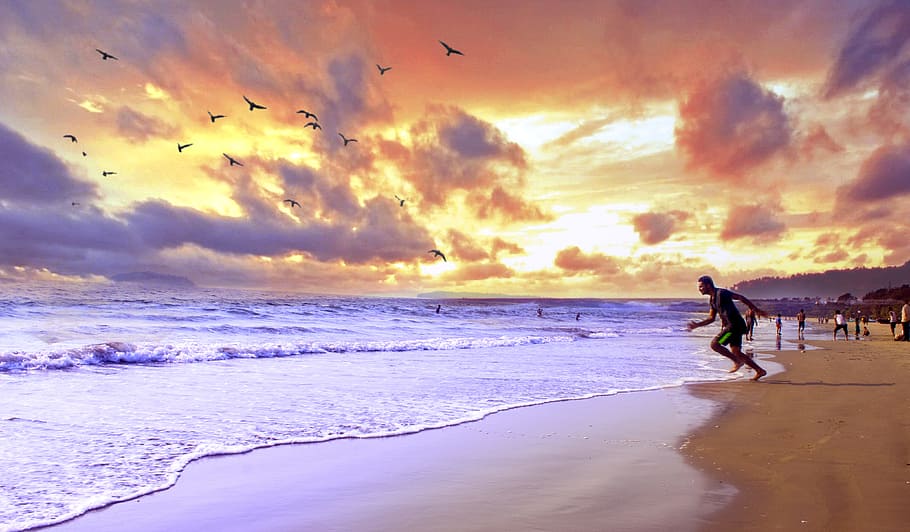 sea, dawn, nature, sky, beach, clouds, dusk, ocean, outdoors HD wallpaper