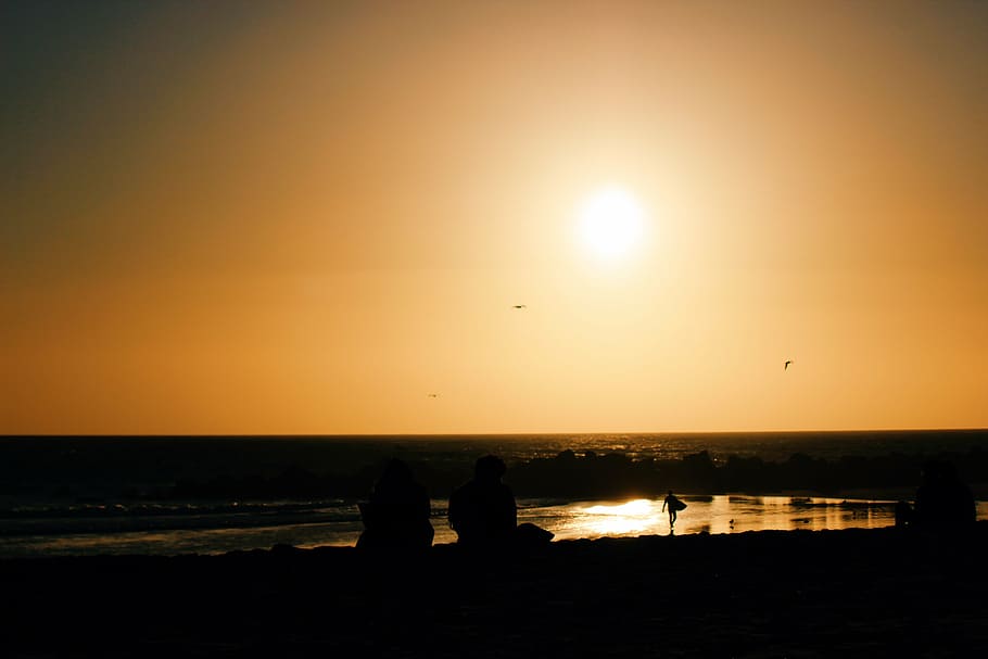 two person on the seashore, photo, sunset, dusk, beach, horizon HD wallpaper