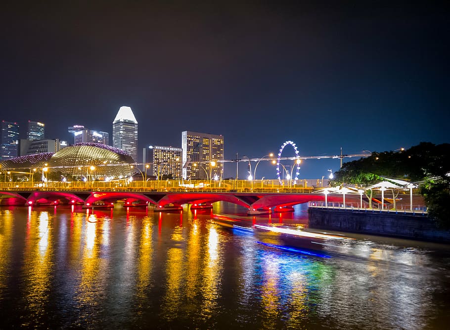 body of water near bridge during nighttime, singapore, singapore river, HD wallpaper