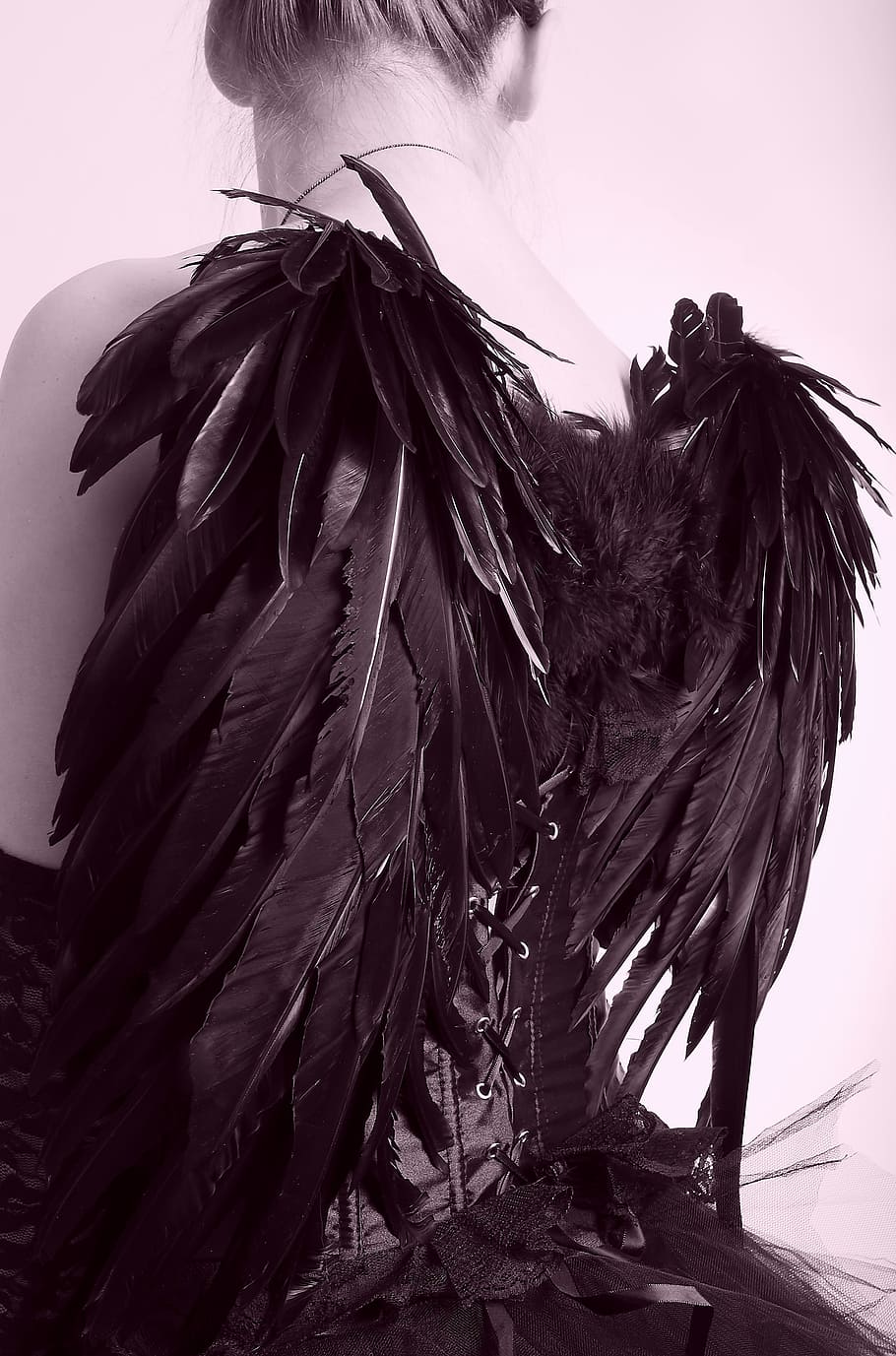 woman wearing black dress with wings, black engel, feather, angel, HD wallpaper