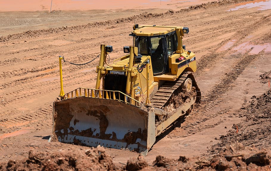 yellow heavy equipment on soil field, construction site, georgia, HD wallpaper