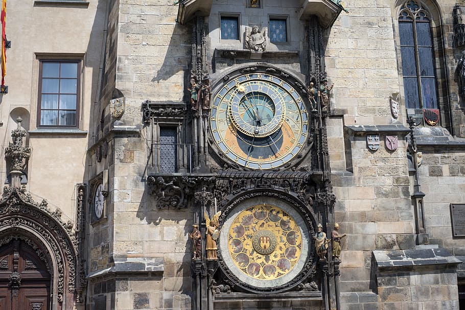 prague, clock, city, town, buildings, architecture, czech republic HD wallpaper