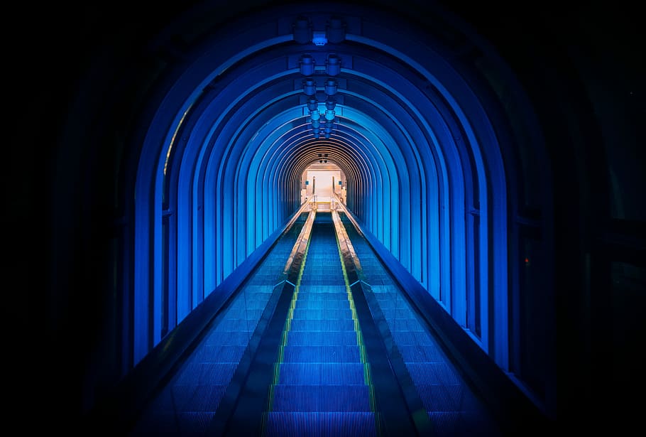 train tunnel with lights, blue light tunnel, architecture, corridor HD wallpaper
