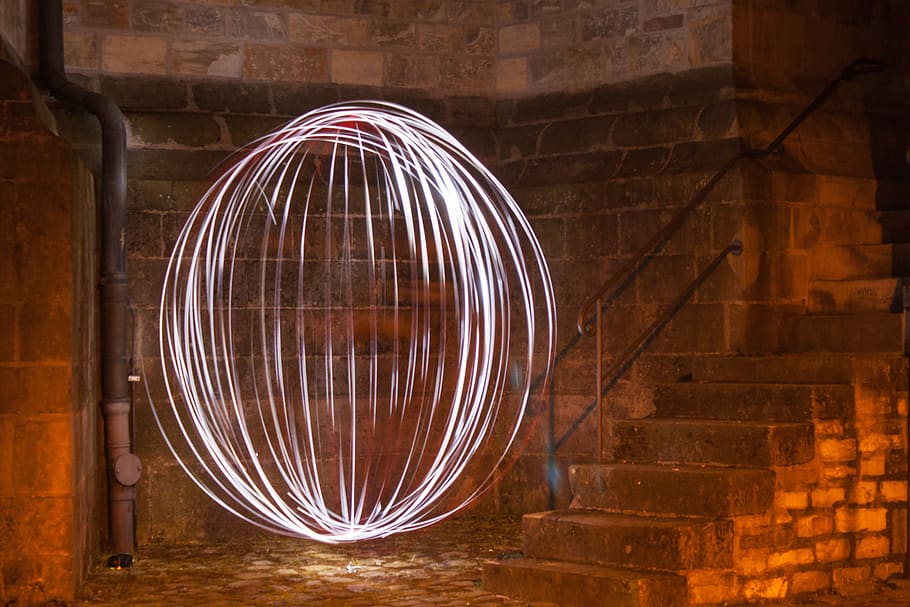 led light, light ball, stairs, night, long exposure, illuminated HD wallpaper