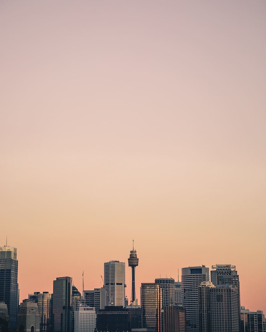 high rise building under orange skies, landscape photography of high rise buildings during golden hour HD wallpaper
