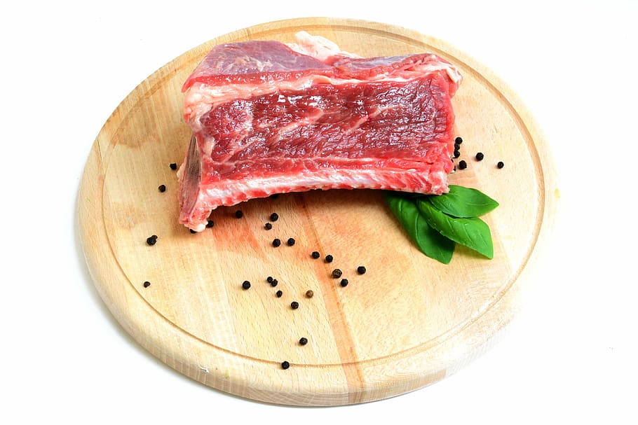 sliced meat on round brown chopping board, rib, beef, raw, white HD wallpaper