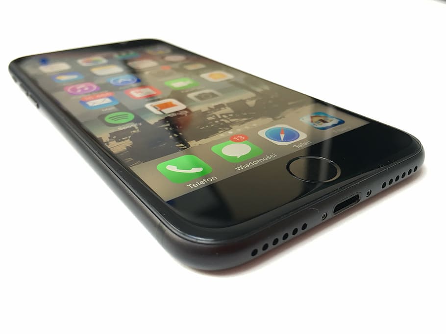 black iPhone 7, smarton, touch id, home, key return, apple, white background, HD wallpaper