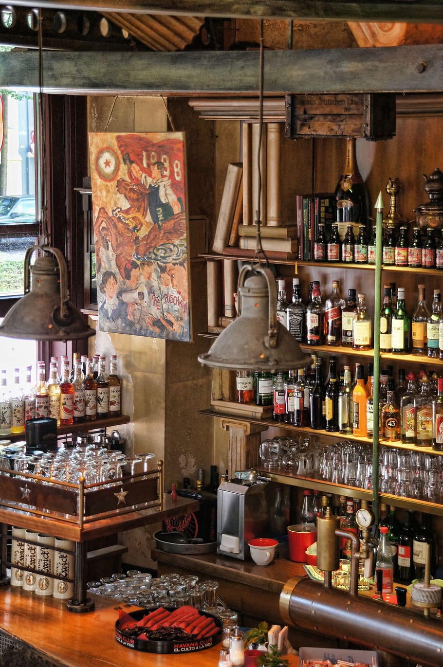 bistro, bar, alcohol, counter, drink, decoration, bottles, decorative HD wallpaper