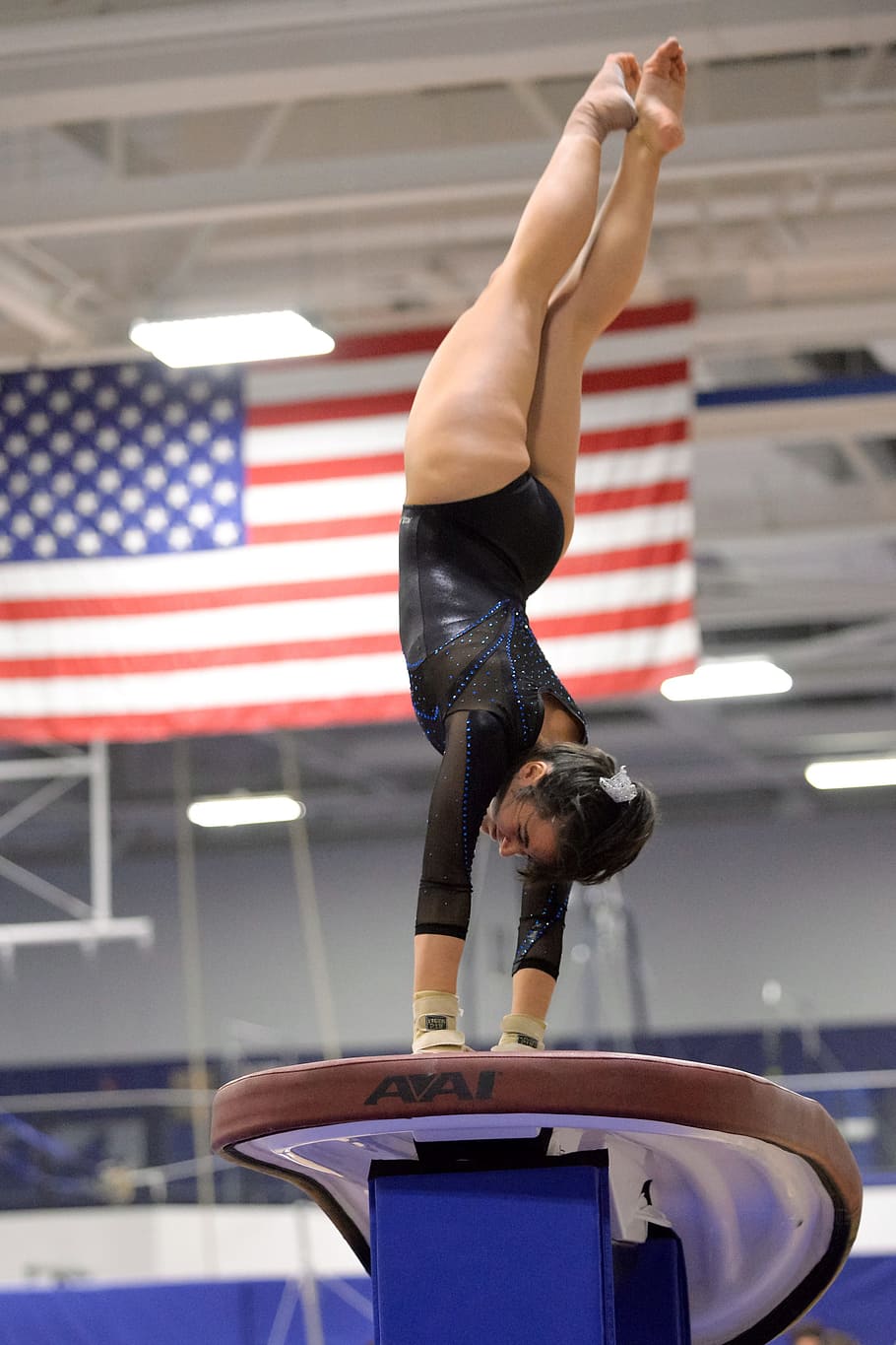 woman doing gymnastics near USA flag, Female, Performance, Vault