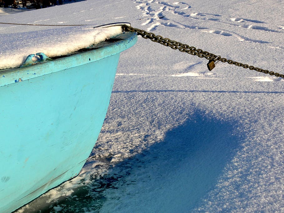 chained, boat, winter, eingefrohren, mind, sunshine, cold, snow HD wallpaper