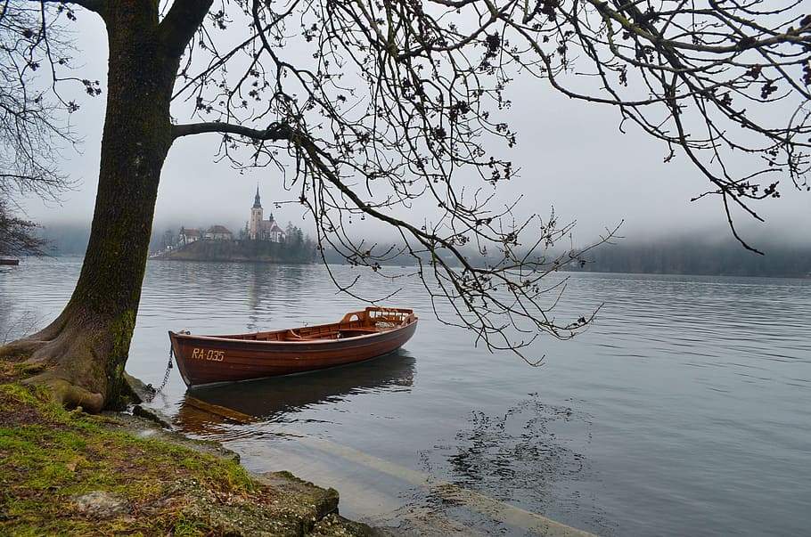 red jun boat on body of water near bear tree, bled, slovenia HD wallpaper