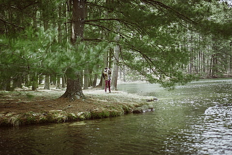 man standing beside body of water near green trees during daytime HD wallpaper