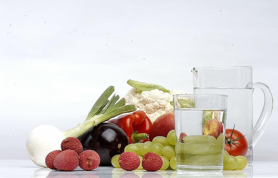 assorted fruit and vegetable beside clear glass pitcher, nutrition HD wallpaper