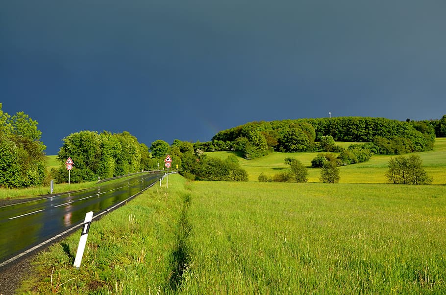 green lawn under sunny sky, weather, light, road, nature, storm HD wallpaper