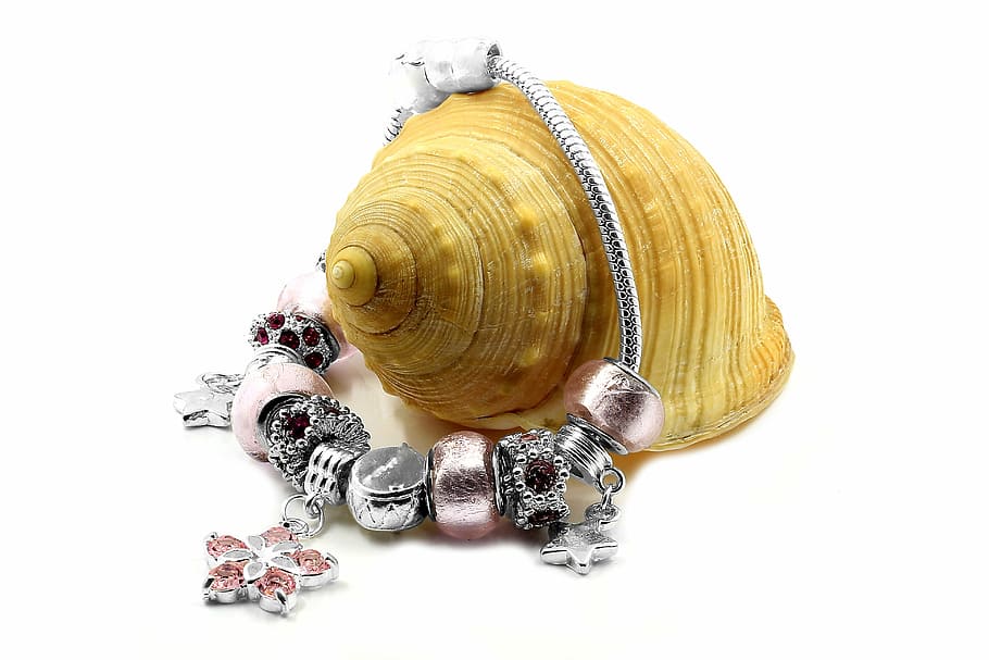 silver-colored charm bracelet, stainless, background, white HD wallpaper