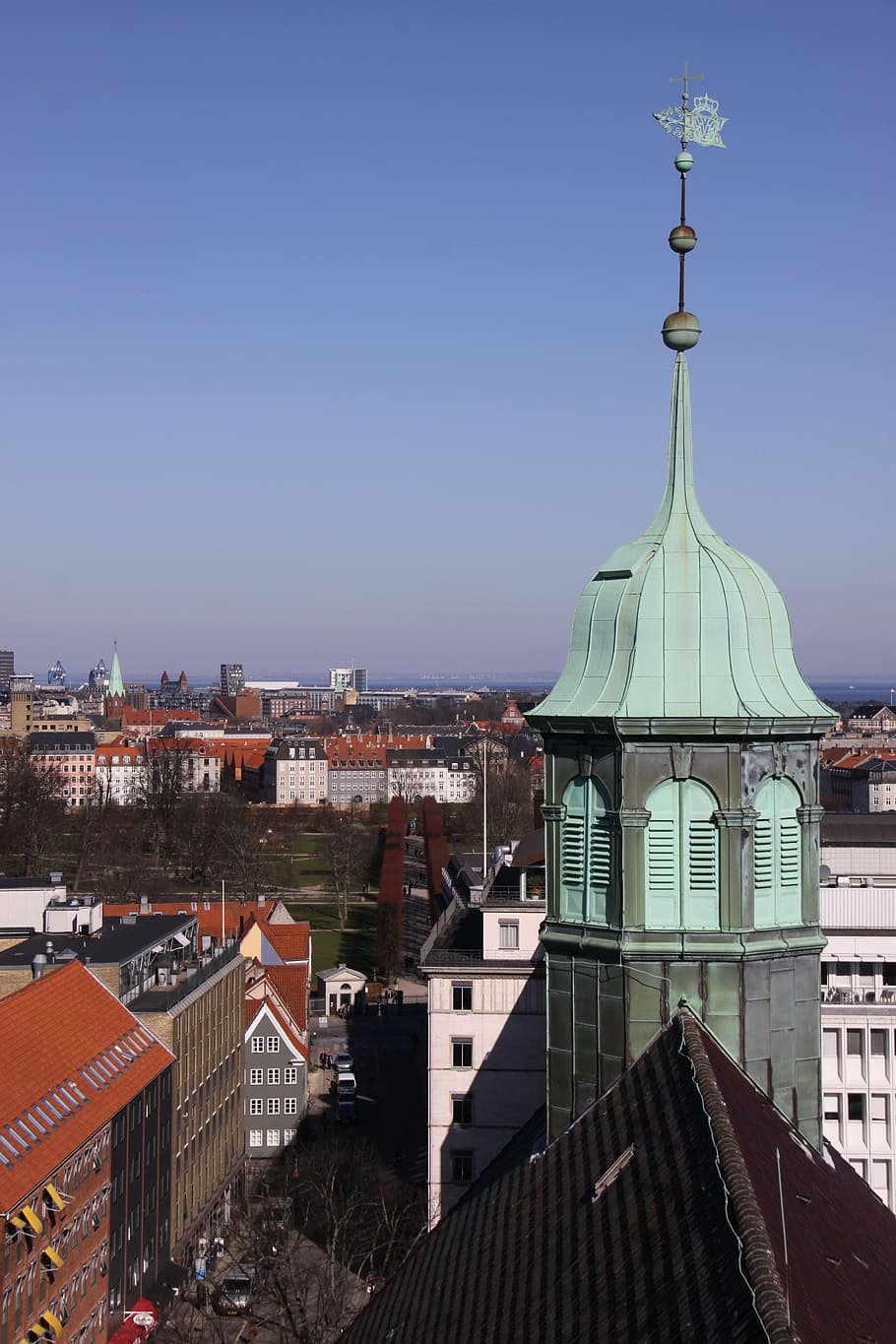 Green, Tower, Copper, Cityscape, blue, cloud, copenhagen, denmark HD wallpaper