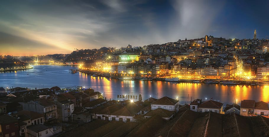 aerial photography of city during nighttime, porto, portugal