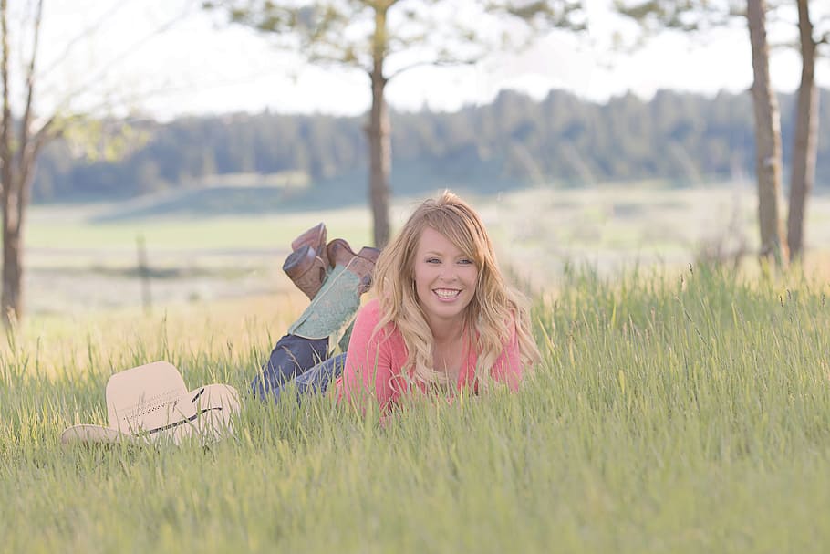 photography of woman proning on grass, country, girl, nature