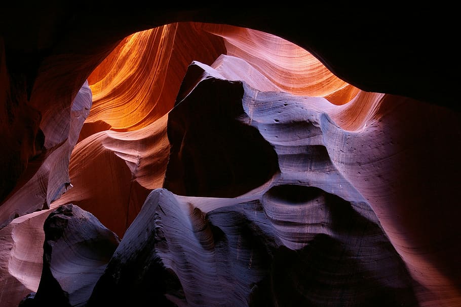 brown and purple cave, canyon, desert, landscape, light, rock HD wallpaper