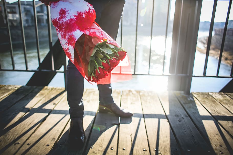 Gentleman with Roses Waiting on a Bridge, bouquet, flowers, leather shoes