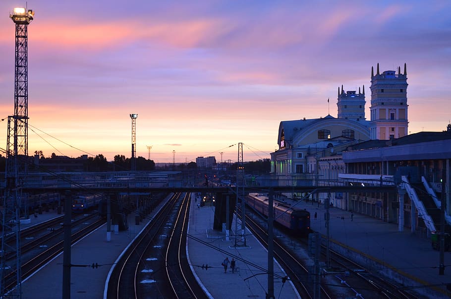 station, sunset, rails, bridge, stand by, trains, interchange HD wallpaper