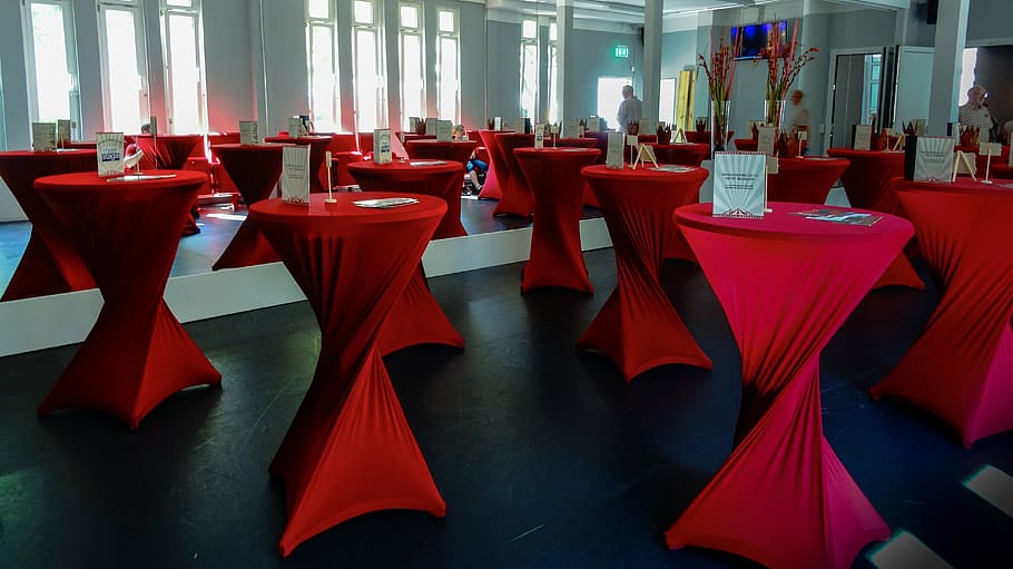 dining tables, bar table, mirror, mirroring, reception, red HD wallpaper