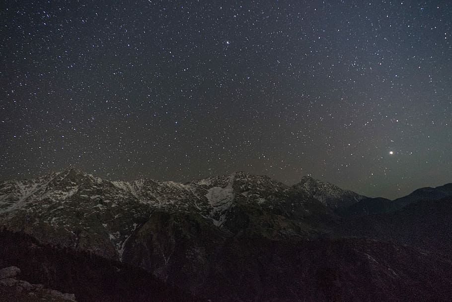 mountain ranges during nighttime, starry night, sky, astrophography, HD wallpaper