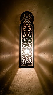 black wooden framed wall light, light beam, oriental, pattern HD wallpaper