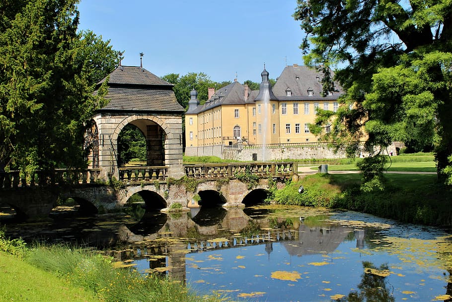 bridge, palace, pond, tree, garden, fountain, schloss dyck HD wallpaper