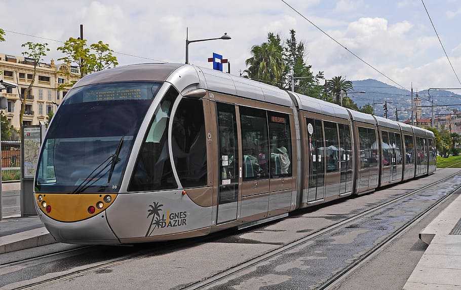 white and brown train, nice, tram, futuristic, new, grid expansion, HD wallpaper