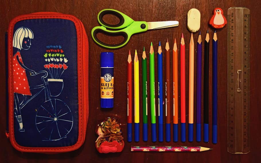 coloring pencils near on scissor and eraser, pencil case, sissors, HD wallpaper
