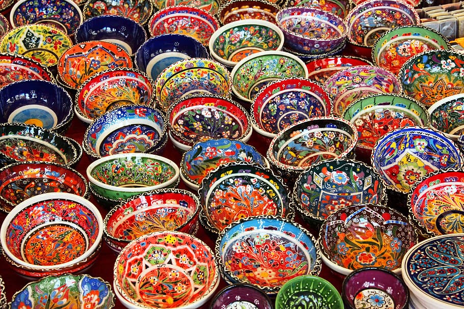 assorted-color decorative bowl lot, wooden, bowls, art, background