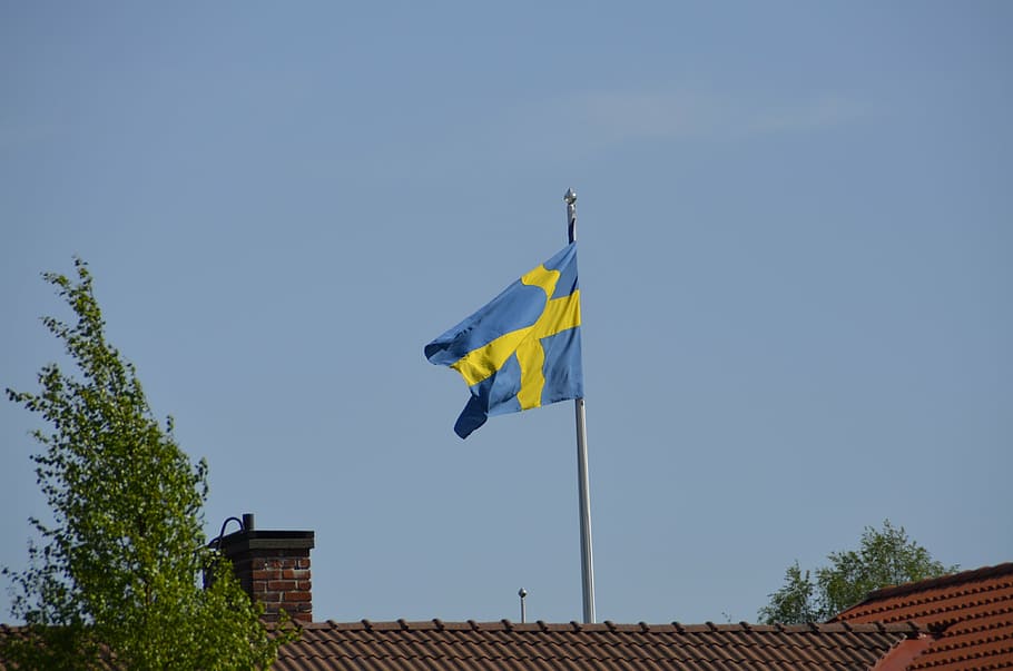 swedish flag, blue sky, wind, patriotism, low angle view, architecture HD wallpaper