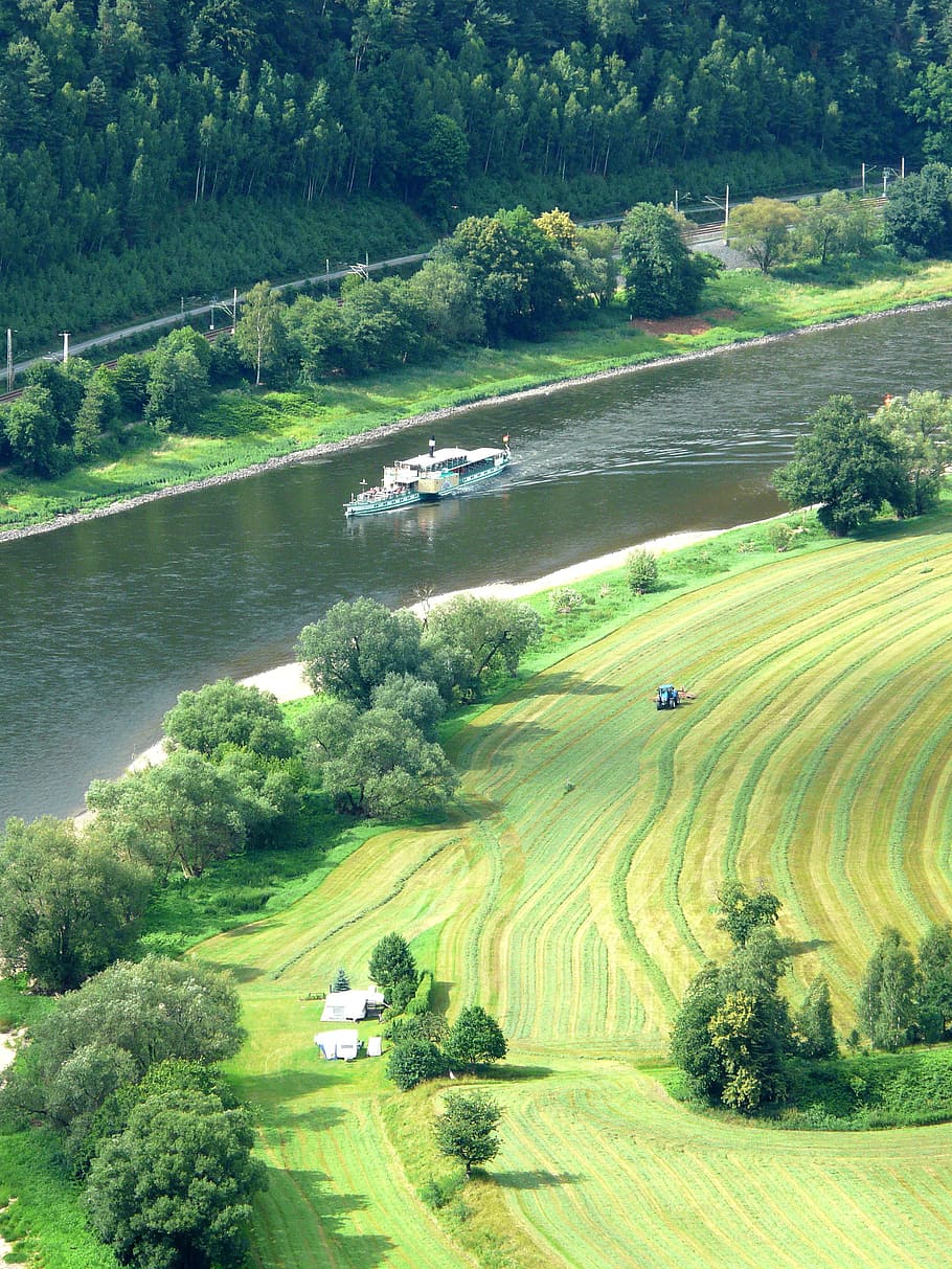 landscape, view from the top, river, boot, meadow, plant, tree HD wallpaper