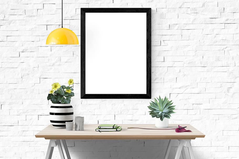 black wooden framed wall decor with table, mockup, interior, template