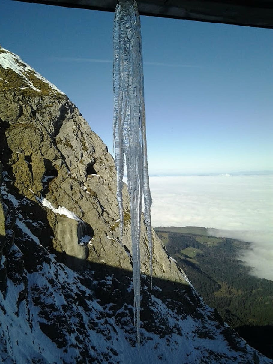 icicle, ice, winter, mountains, sea of fog, deep mist, sky HD wallpaper