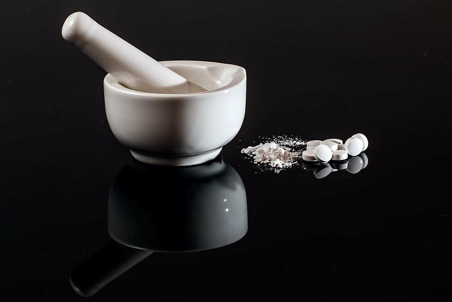 white mortar and pestle on black surface, apothecary, pharmacy, HD wallpaper