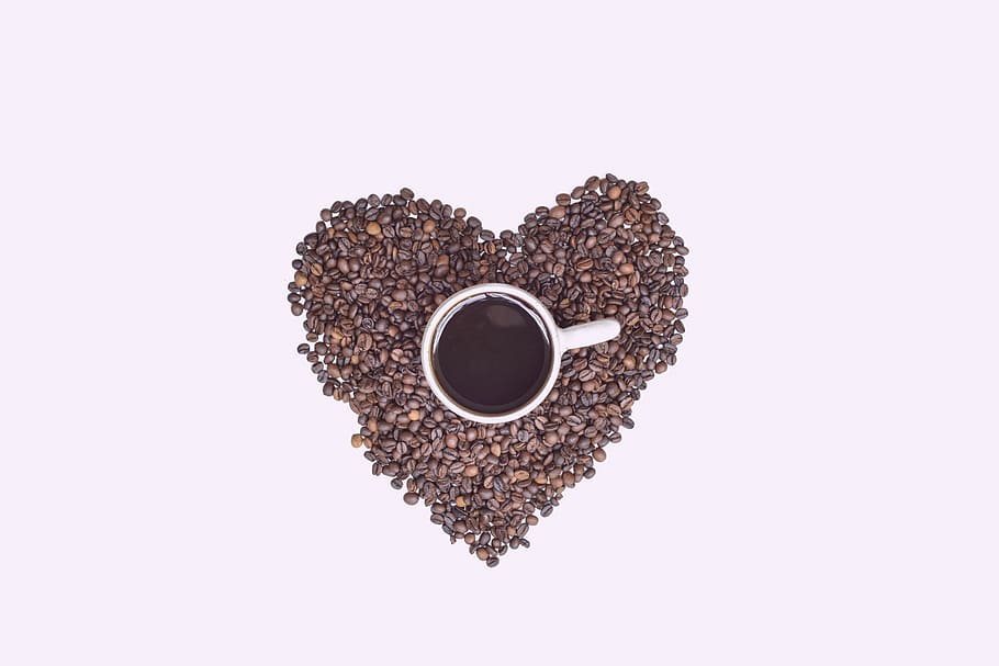 white ceramic mug on brown heart-shaped coffee beans, cup, love HD wallpaper