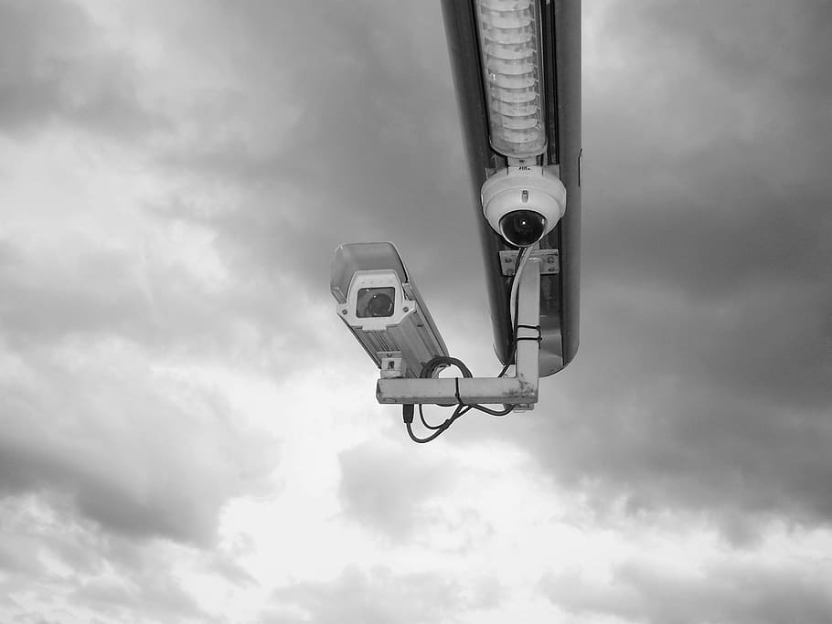 grayscale photo of surveillance cameras, sweden, stockholm, cctv